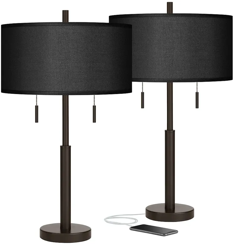 Possini Euro Black Faux Silk Robbie Bronze USB Table Lamps Set of 2