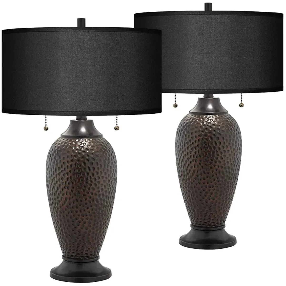 Franklin Iron Works Black Faux Silk Hammered Bronze Table Lamps Set of 2