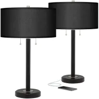Possini Euro 25" Black Faux Silk and Bronze USB Table Lamps Set of 2