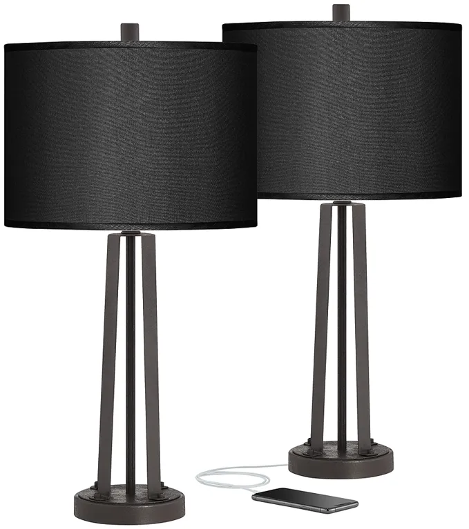 Possini Euro 25 1/2" Bronze and Black Faux Silk USB Lamps Set of 2