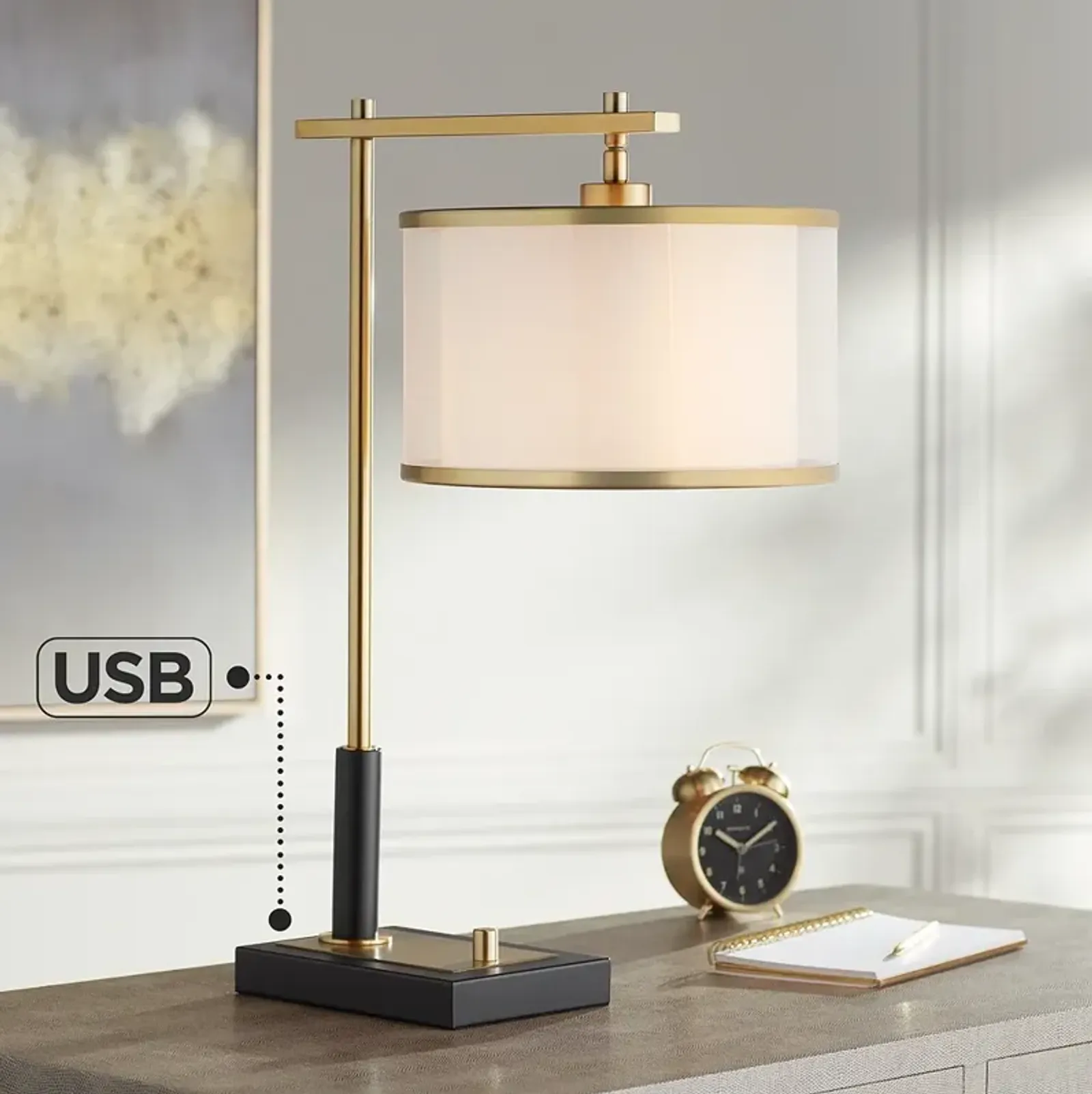 Possini Euro Hayven Black and Warm Gold Desk Lamp with Dual USB Ports