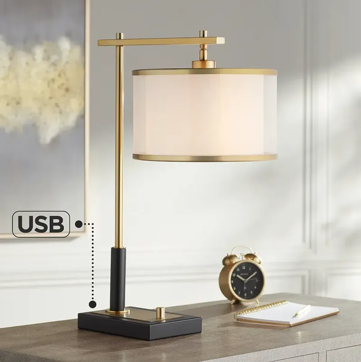 Possini Euro Hayven Black and Warm Gold Desk Lamp with Dual USB Ports