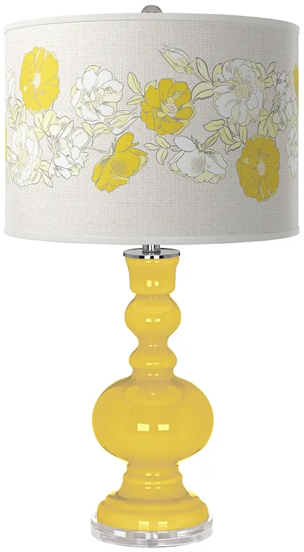 Lemon Zest Yellow with Rose Bouquet Drum Shade Apothecary Table Lamp