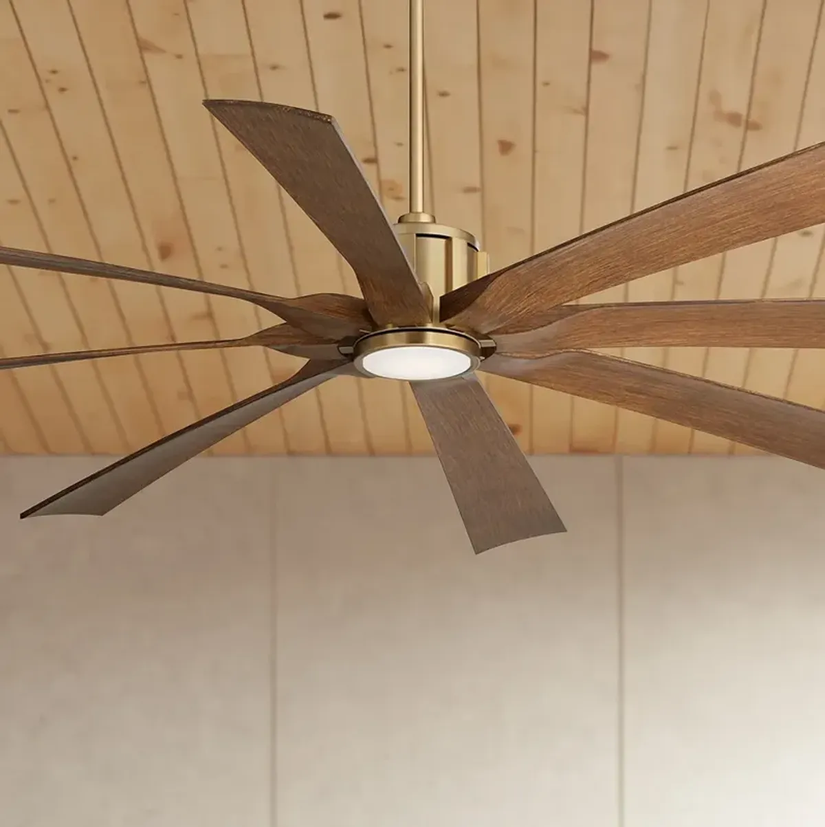 70" Possini Defender Soft Brass Koa Damp LED Ceiling Fan with Remote