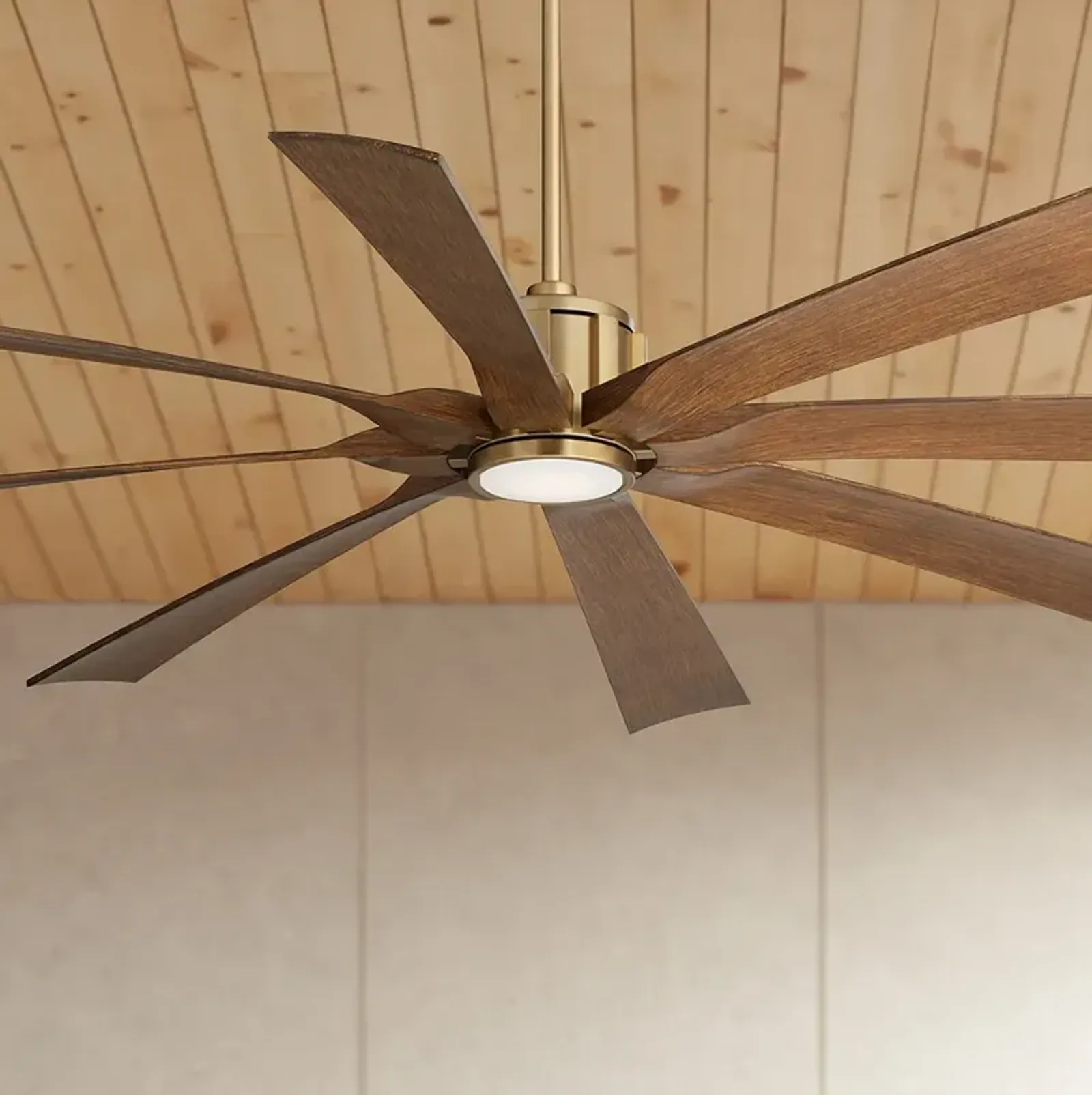 70" Possini Defender Soft Brass Koa Damp LED Ceiling Fan with Remote