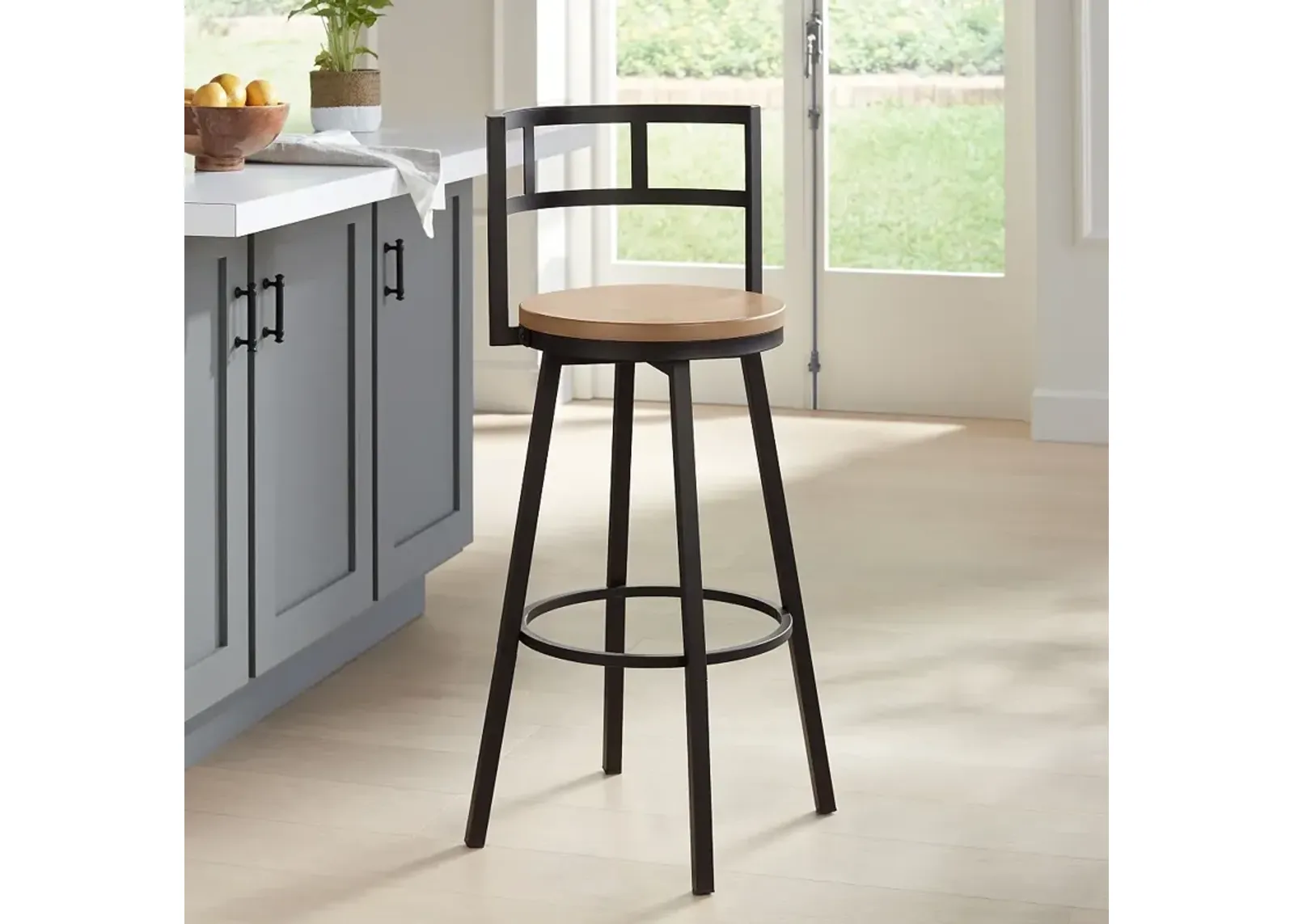 Latham 25 1/4" Matte Black Metal and Wood Swivel Counter Stool