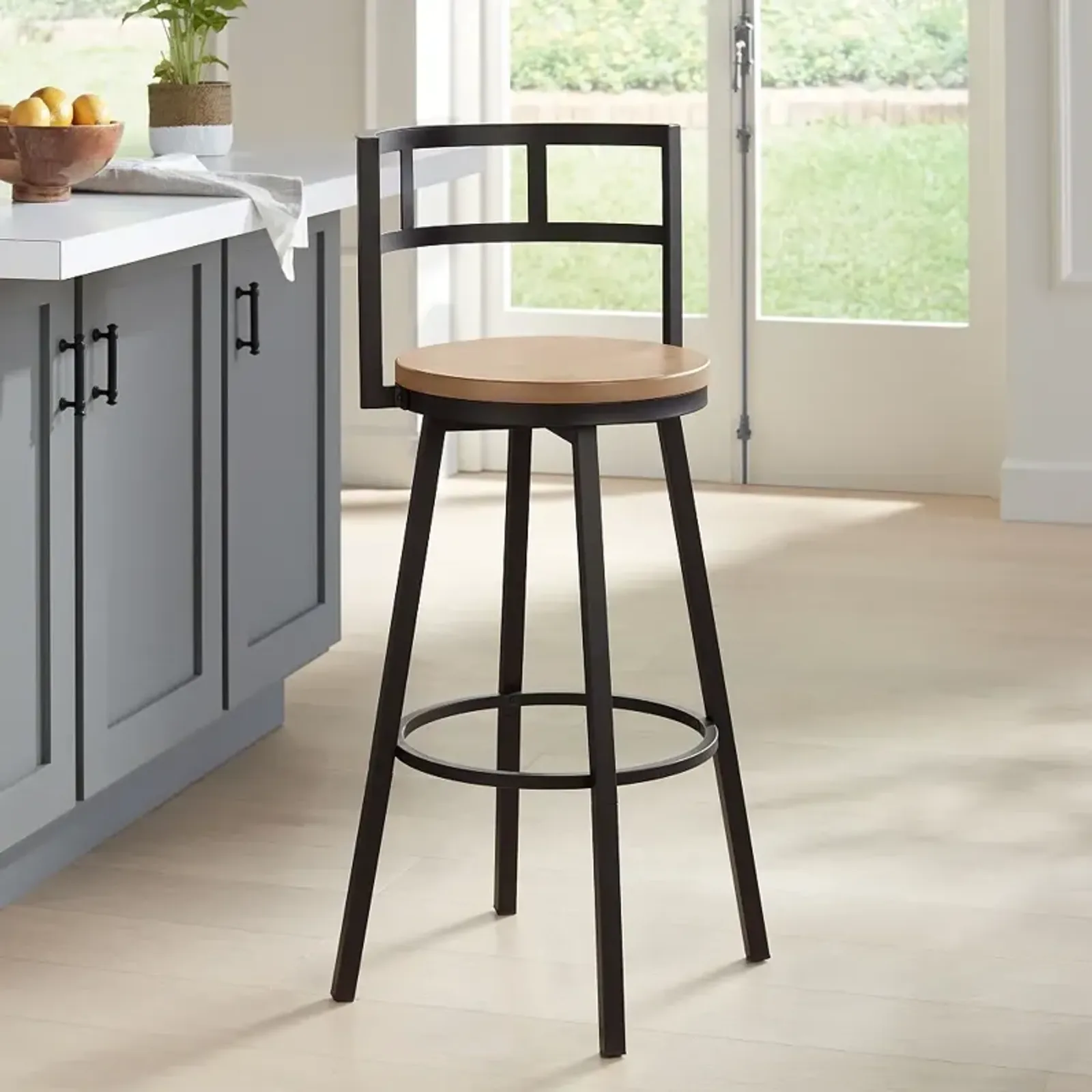 Latham 25 1/4" Matte Black Metal and Wood Swivel Counter Stool