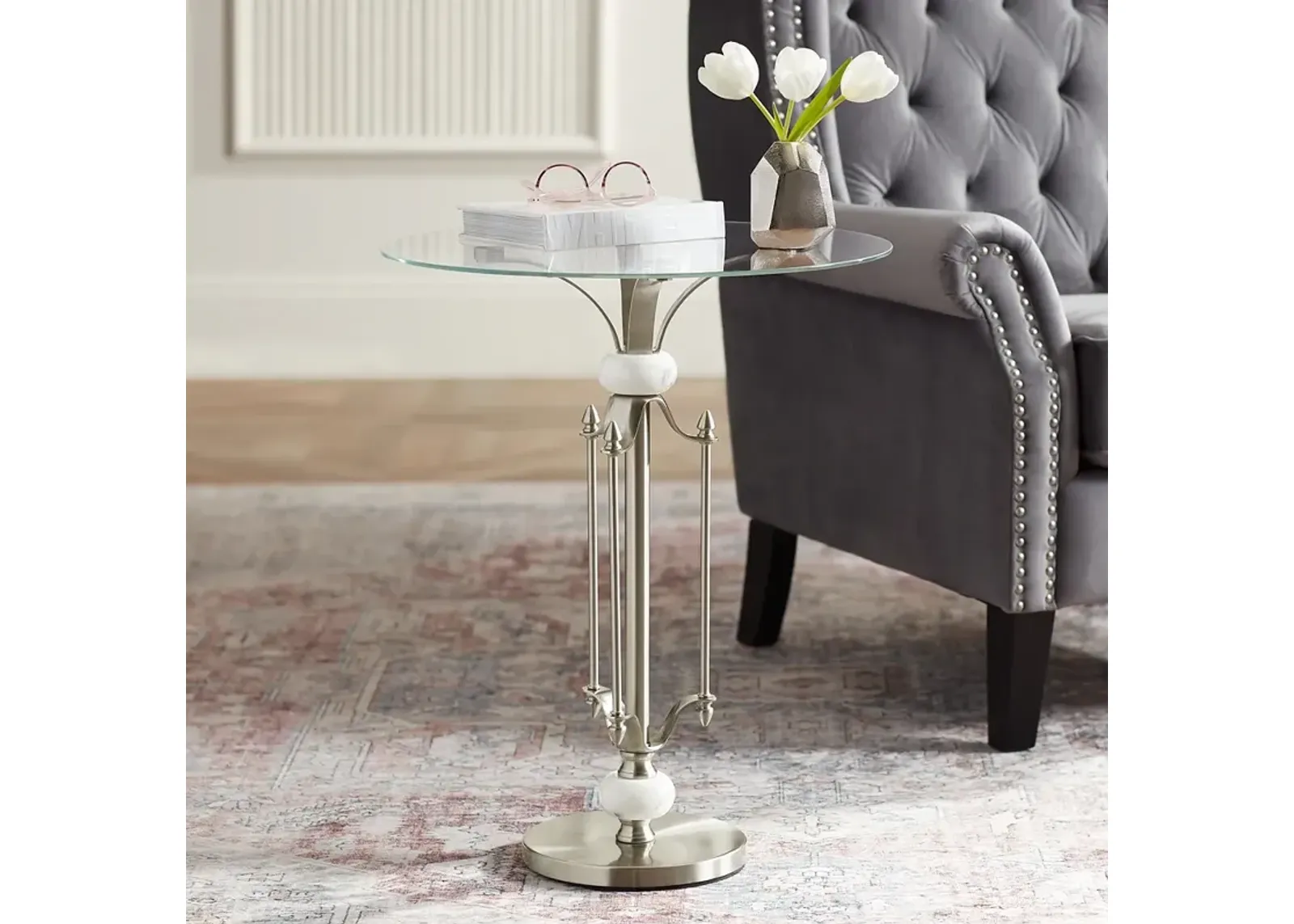 Monique 20" W Marble and Brushed Nickle Metal Table with Glass Tray