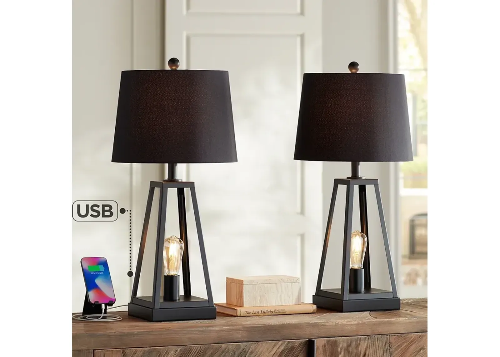 Kacey Metal LED Night Light USB Black Shade Table Lamps Set of 2