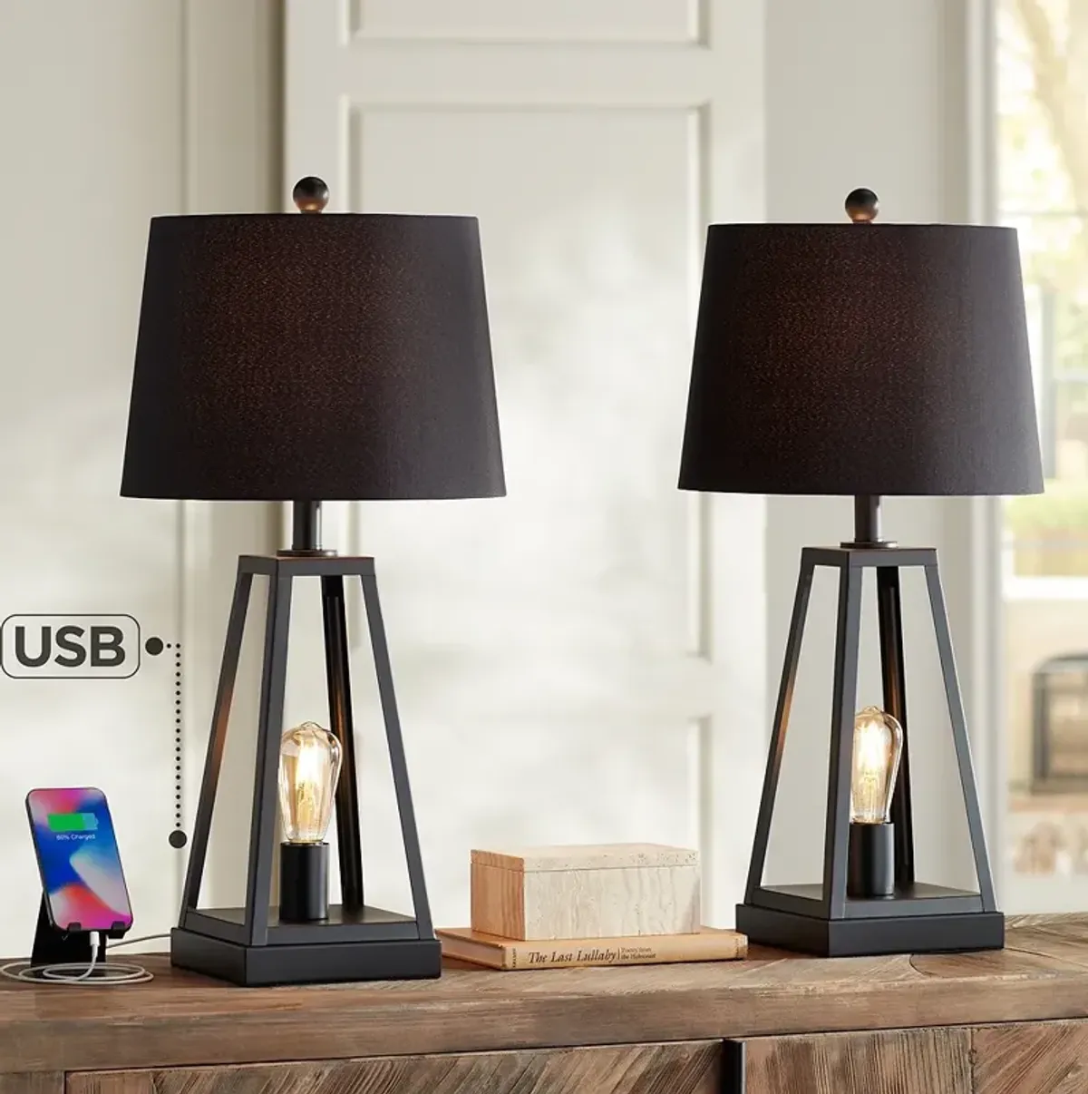 Kacey Metal LED Night Light USB Black Shade Table Lamps Set of 2