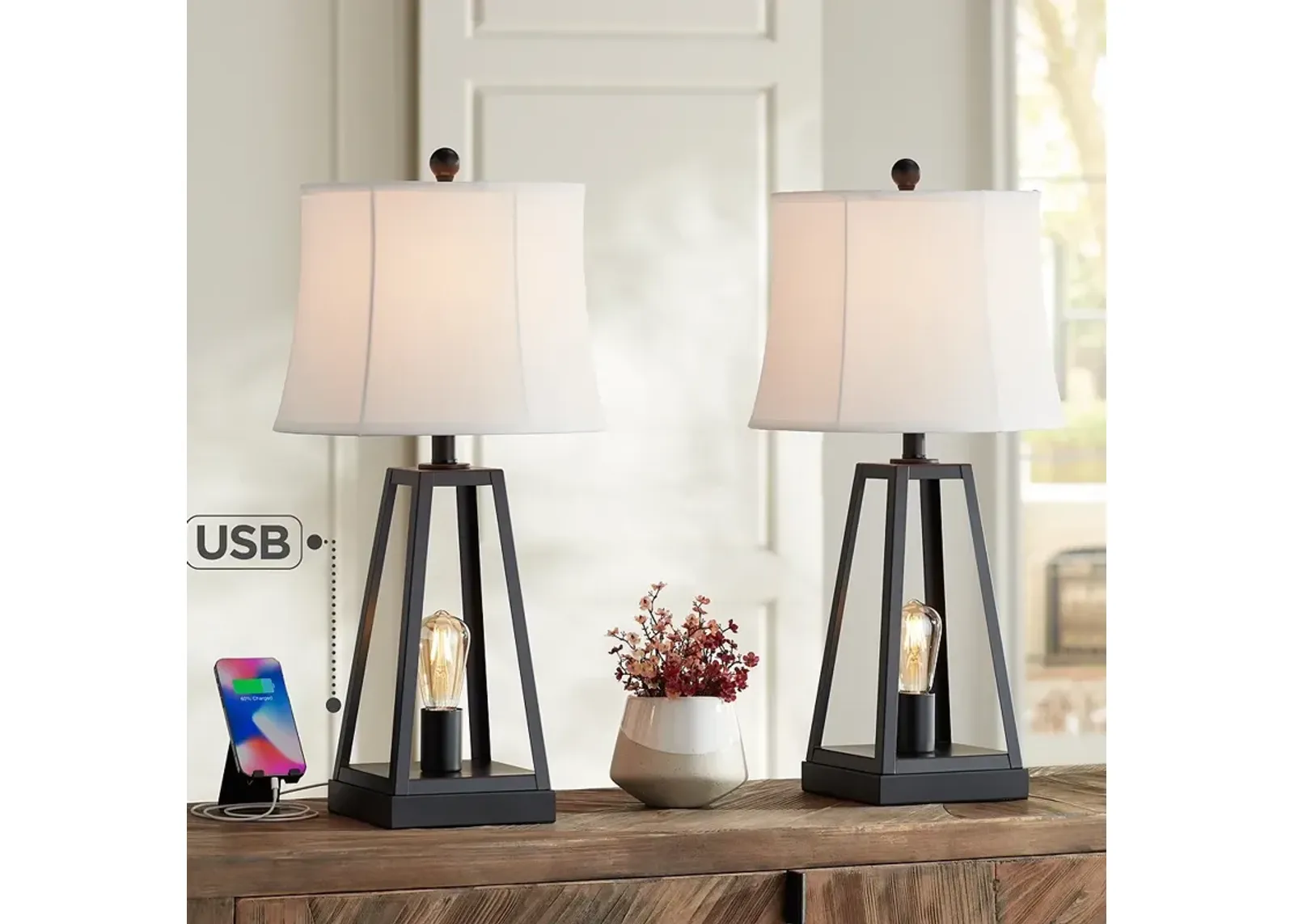 Franklin Iron Kacey 25 1/4" White Shade Night Light USB Lamps Set of 2