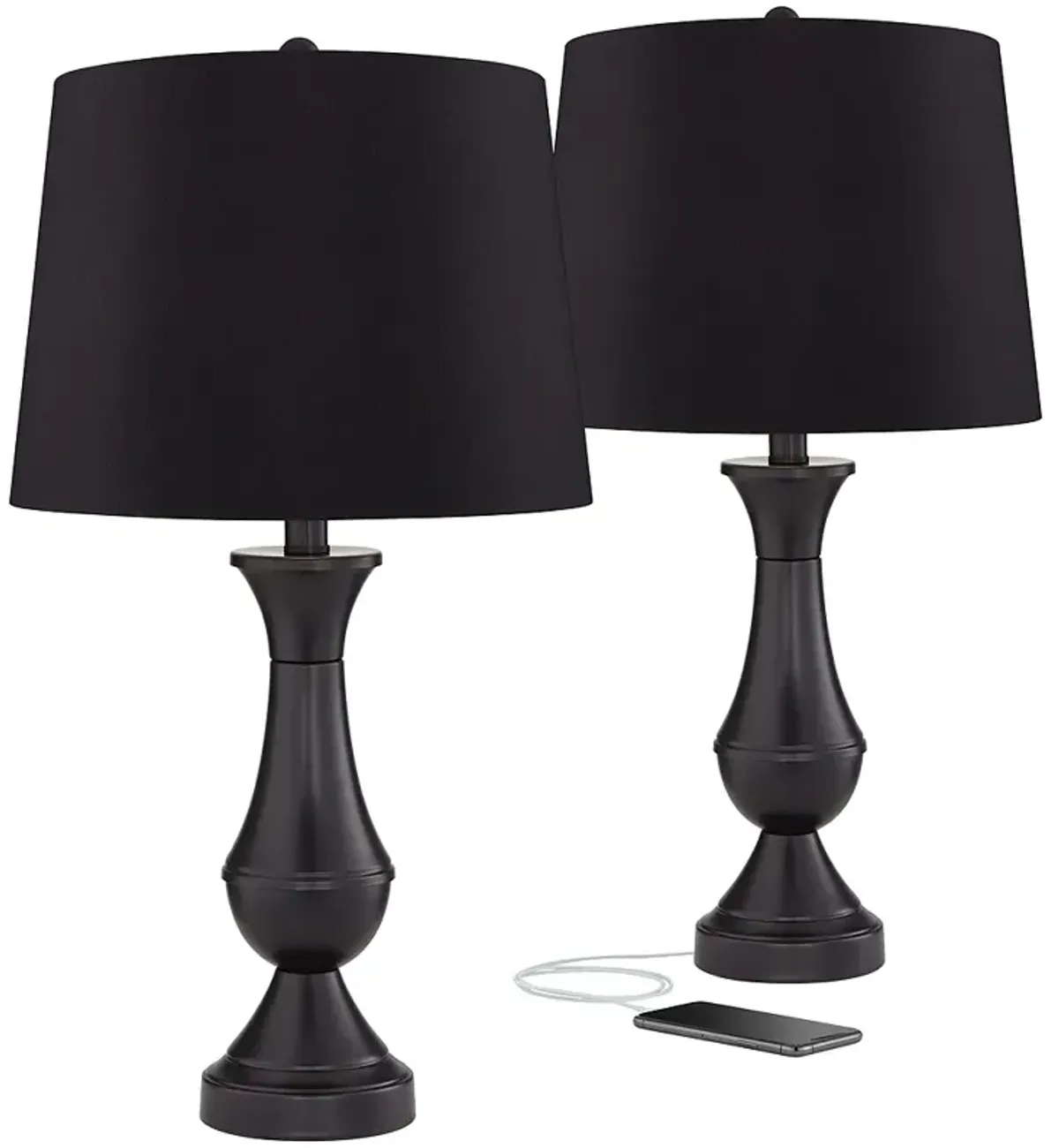 Regency Hill 25" Black Shade USB LED Touch Table Lamps Set of 2