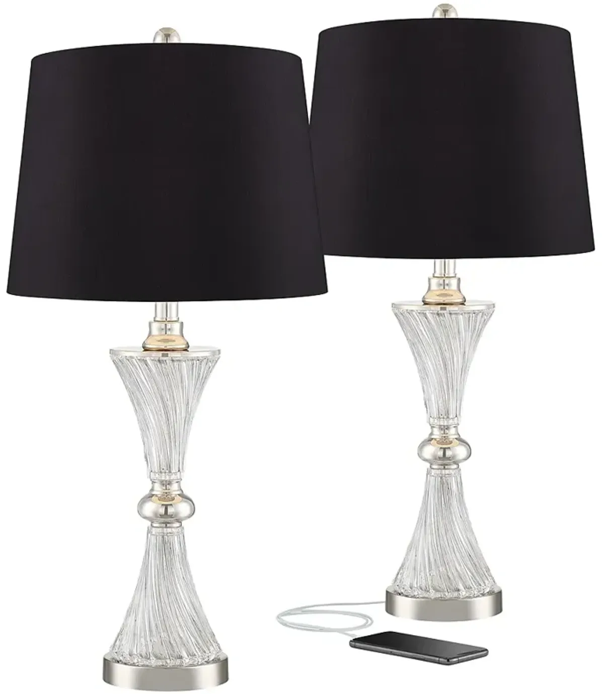 Luca Chrome Glass Black Shade Table Lamps with USB Port Set of 2