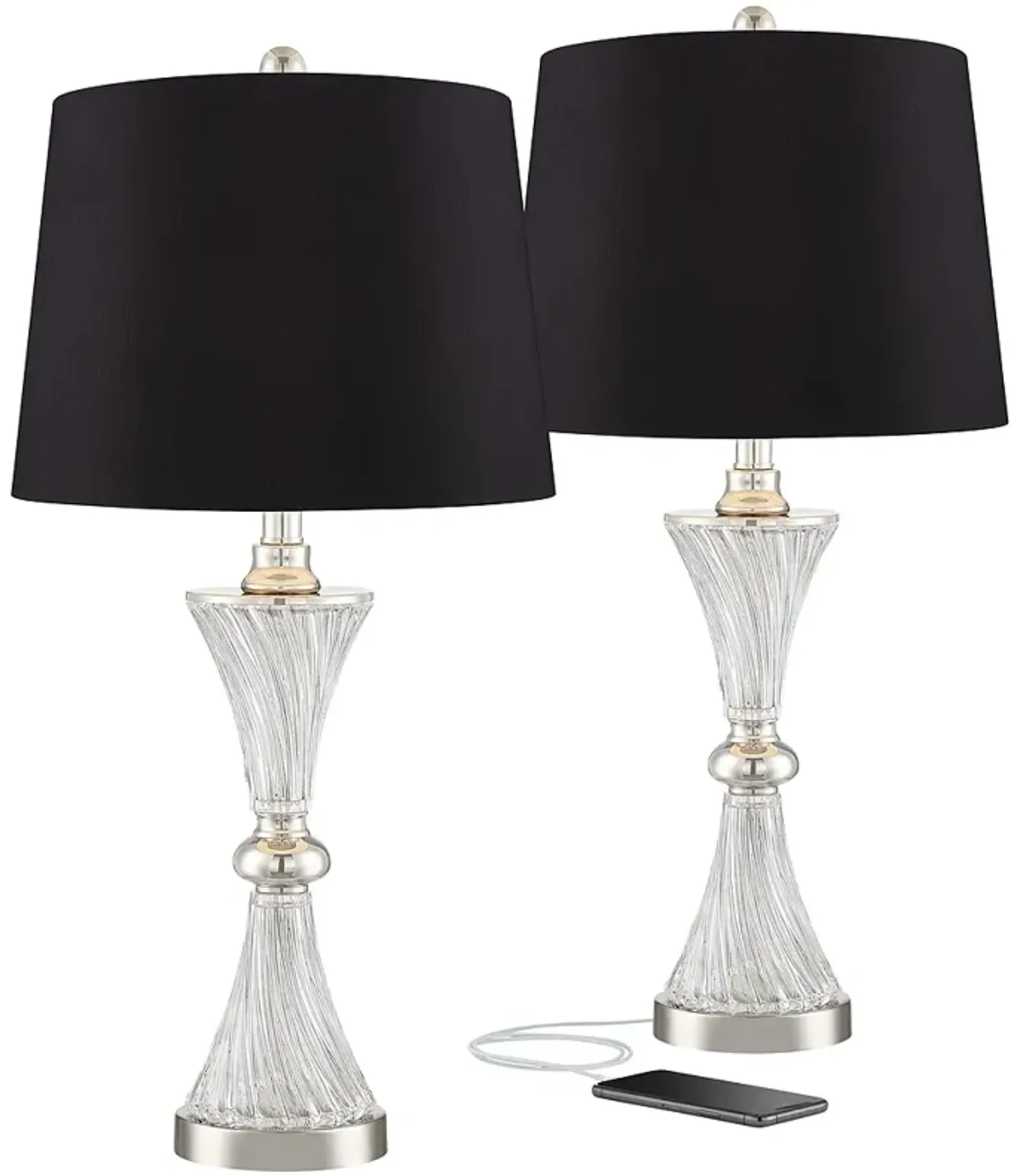 Luca Chrome Glass Black Shade Table Lamps with USB Port Set of 2