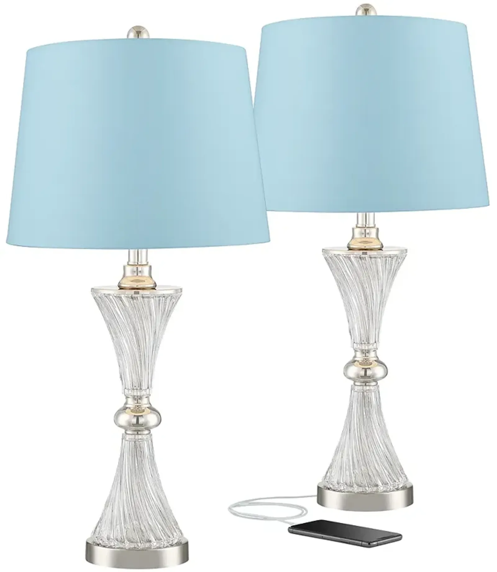 Luca Chrome and Glass Blue Hardback USB Table Lamps Set of 2