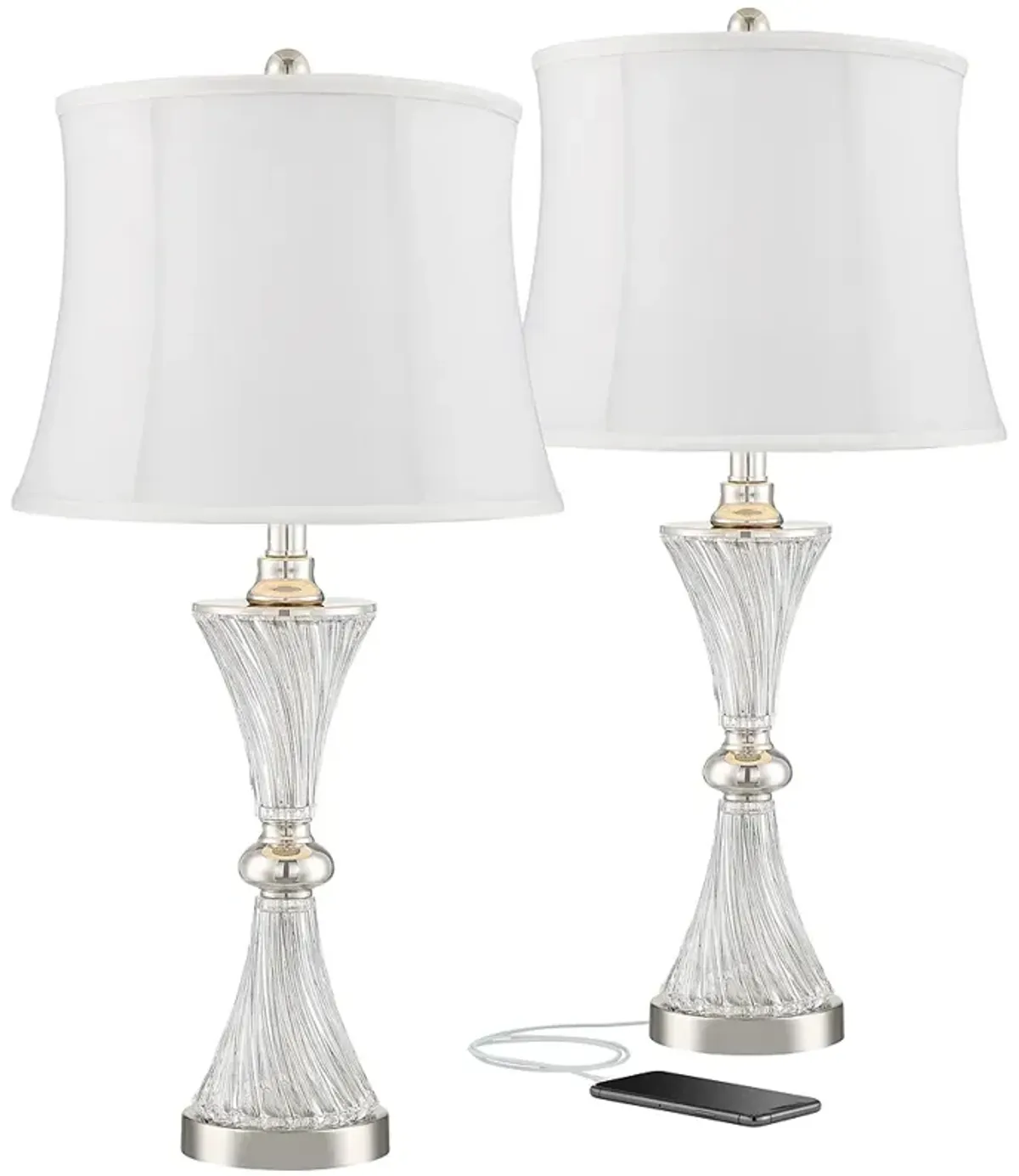 Regency Hill Luca Chrome and Glass White Shade USB Table Lamps Set of 2