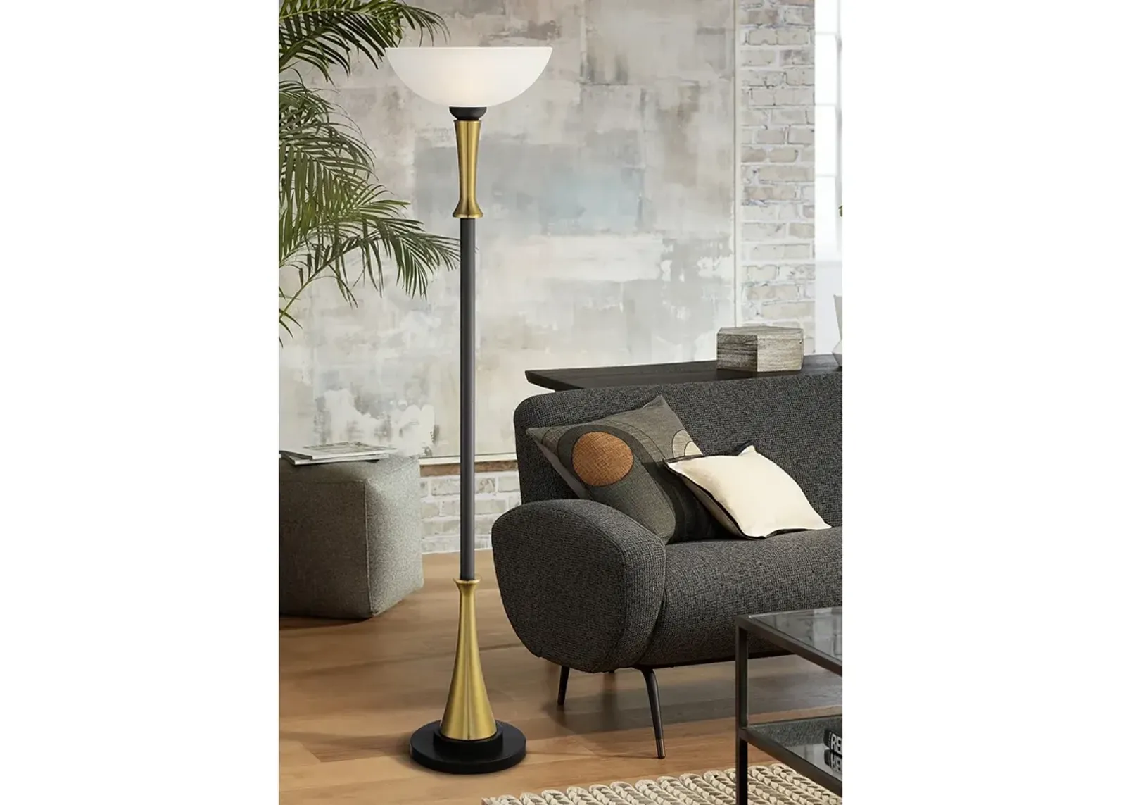 Possini Burbank 70" Black and Brass Torchiere Floor Lamp with Dimmer