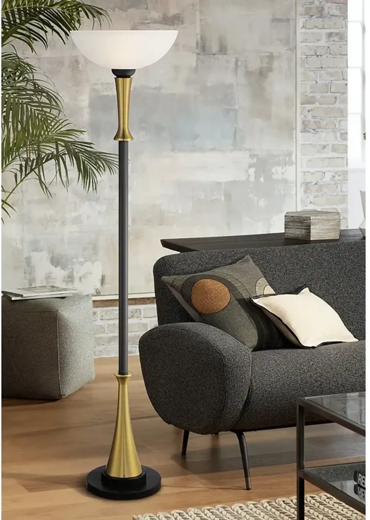 Possini Verdugo 70" Black and Brass Torchiere Floor Lamp with Dimmer