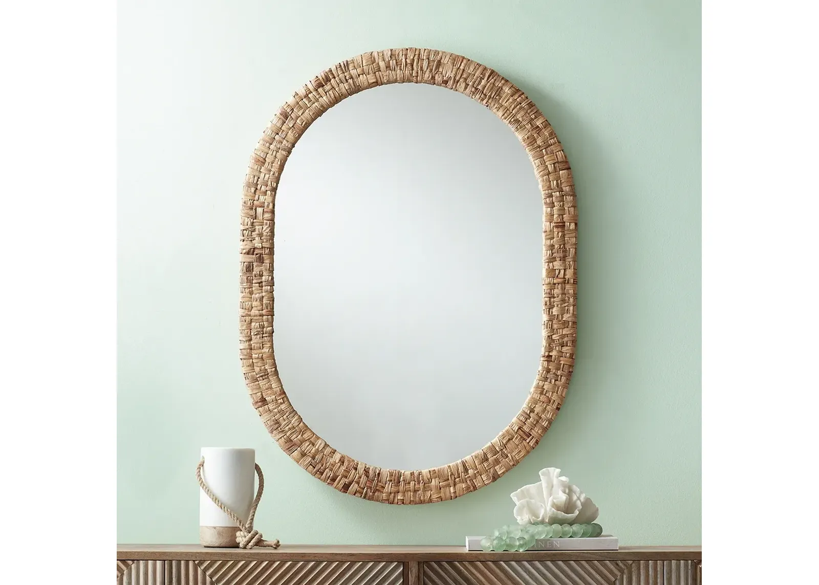 Tioga Natural Woven Rattan 26 1/2"x36" Oval Wall Mirror