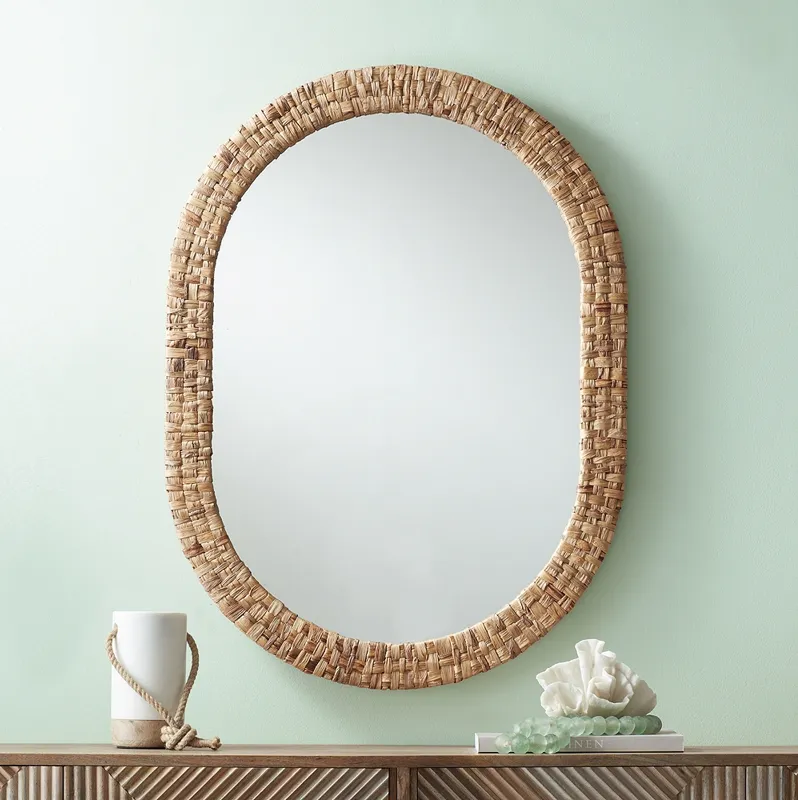 Tioga Natural Woven Rattan 26 1/2"x36" Oval Wall Mirror