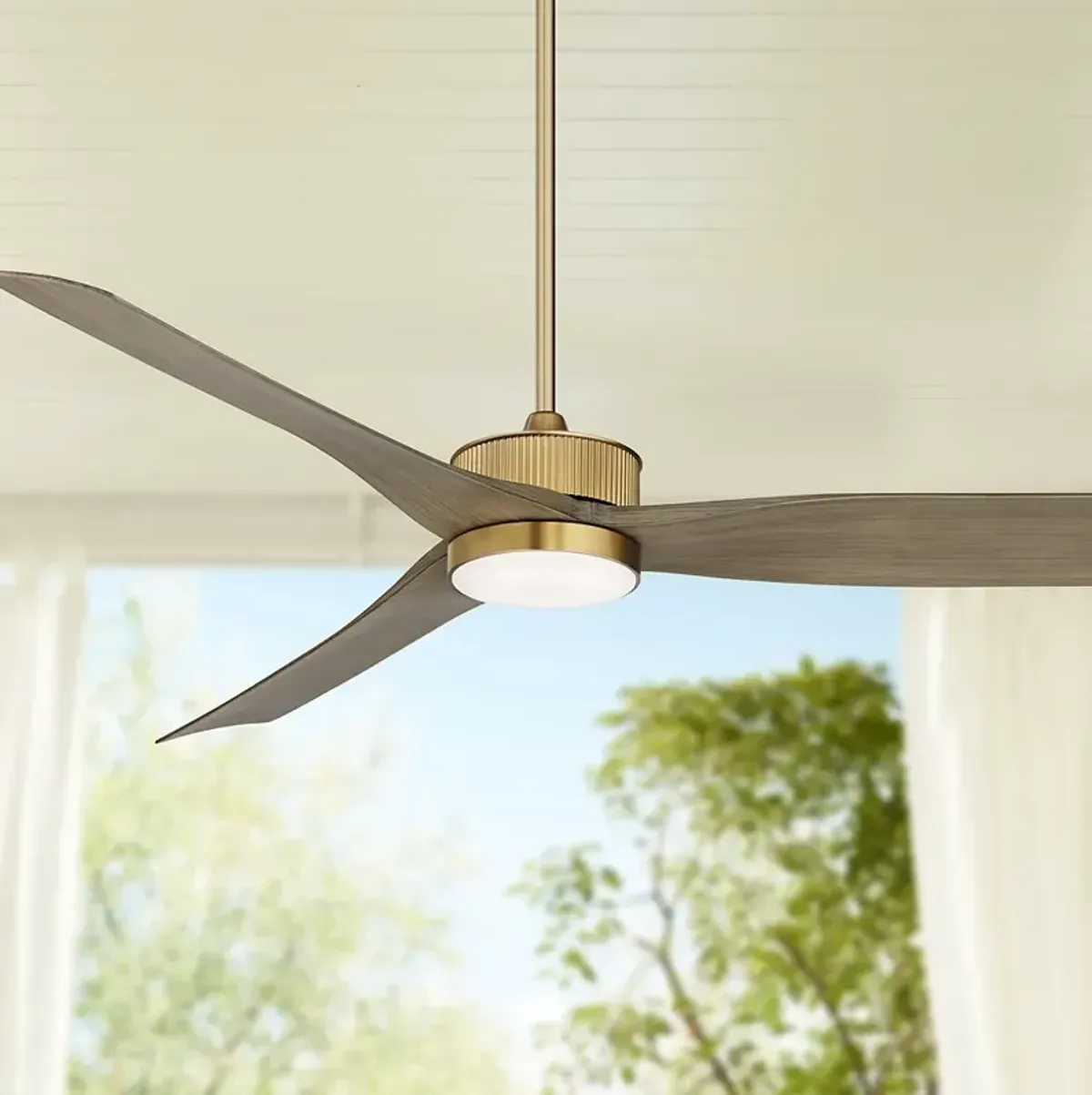 60" Casa Vieja Montage Soft Brass LED Damp Rated Fan with Remote