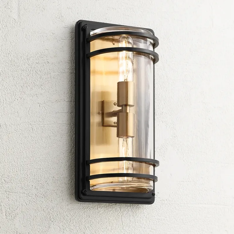 Habitat 16" High Black and Warm Brass 2-Light Outdoor Wall Light