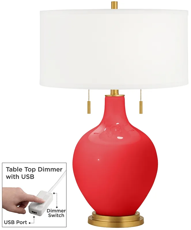 Poppy Red Toby Brass Accents Table Lamp with Dimmer
