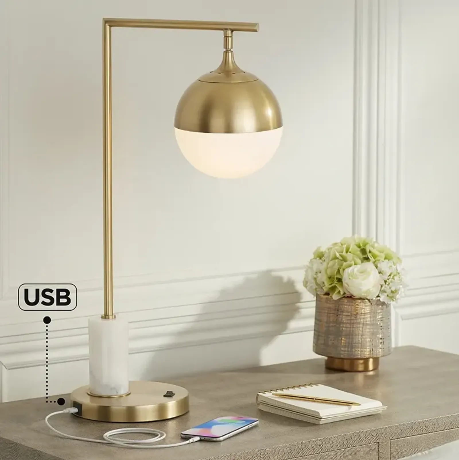 Possini Euro Luna Warm Gold and Marble Desk Lamp with USB Port