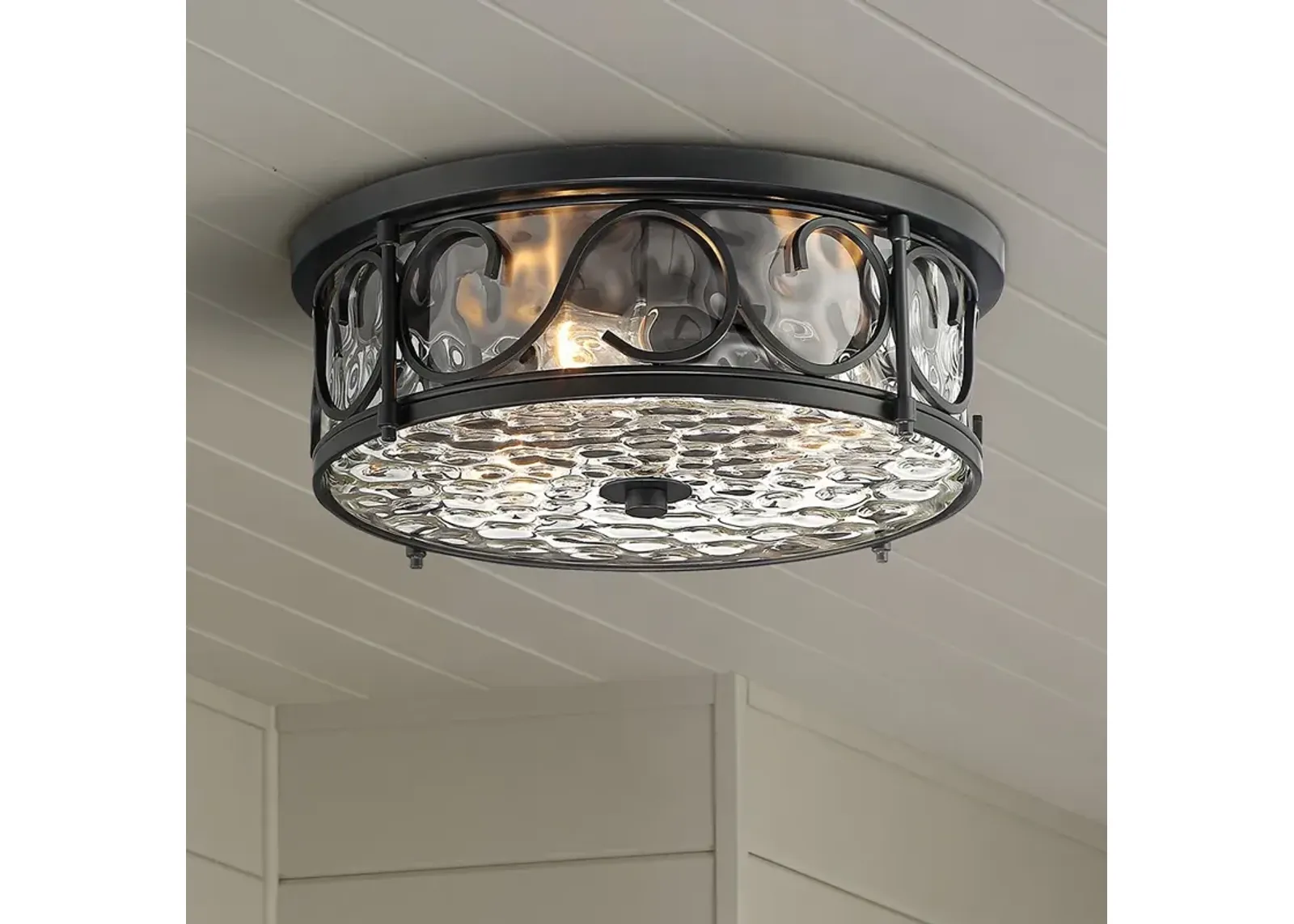 Paseo 17" Wide Hammered Glass Matte Black Outdoor Ceiling Light