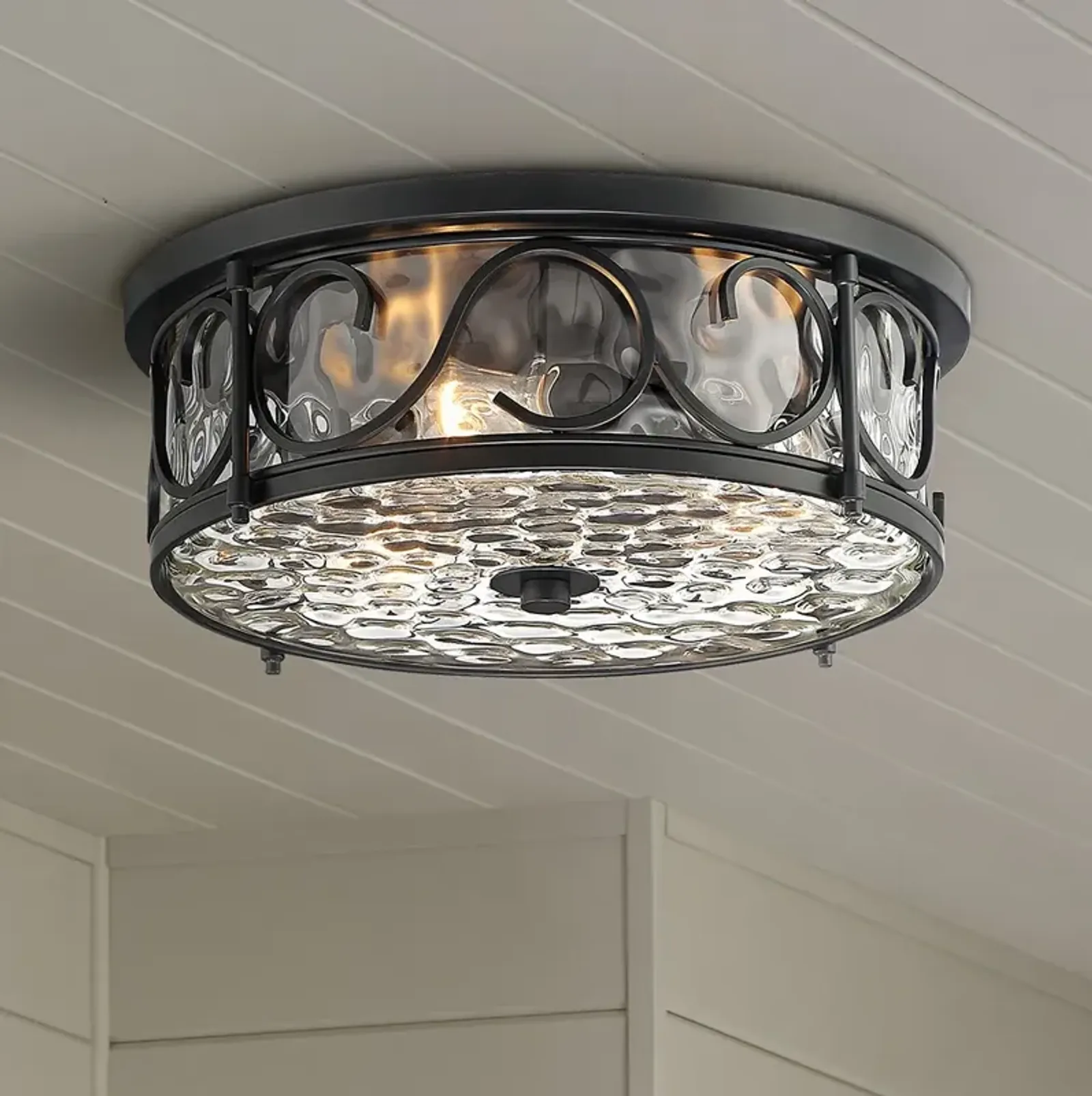 Paseo 17" Wide Hammered Glass Matte Black Outdoor Ceiling Light