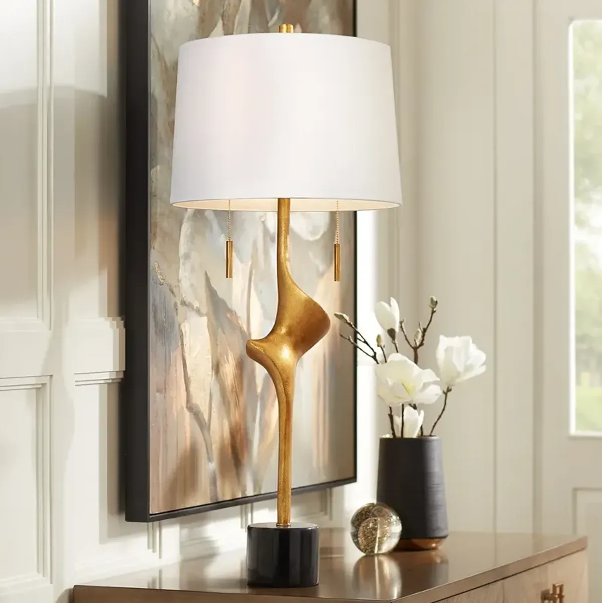 Possini Euro Athena 35 1/2" White Shade Gold Leaf Modern Table Lamp