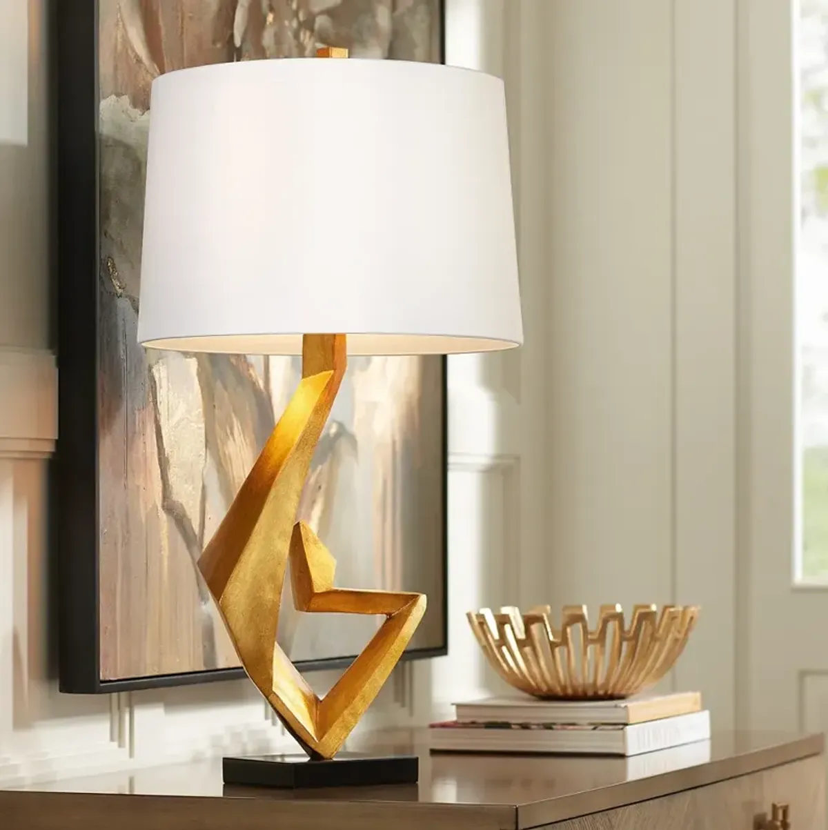 Possini Euro Zeus 29 1/2" Sculptural White Shade Gold Leaf Table Lamp