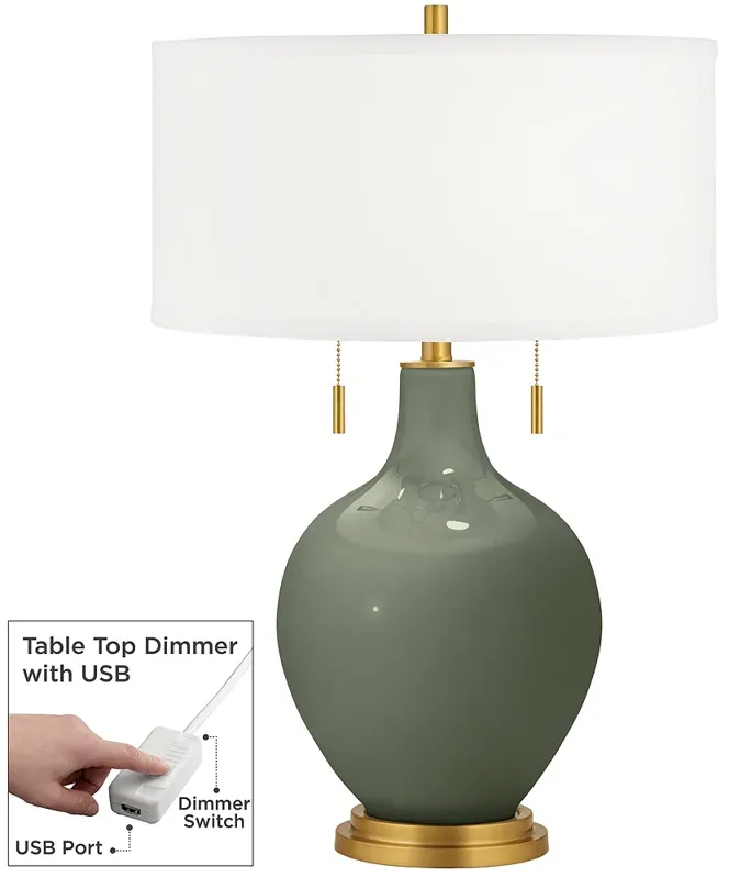 Deep Lichen Green Toby Brass Accents Table Lamp with Dimmer