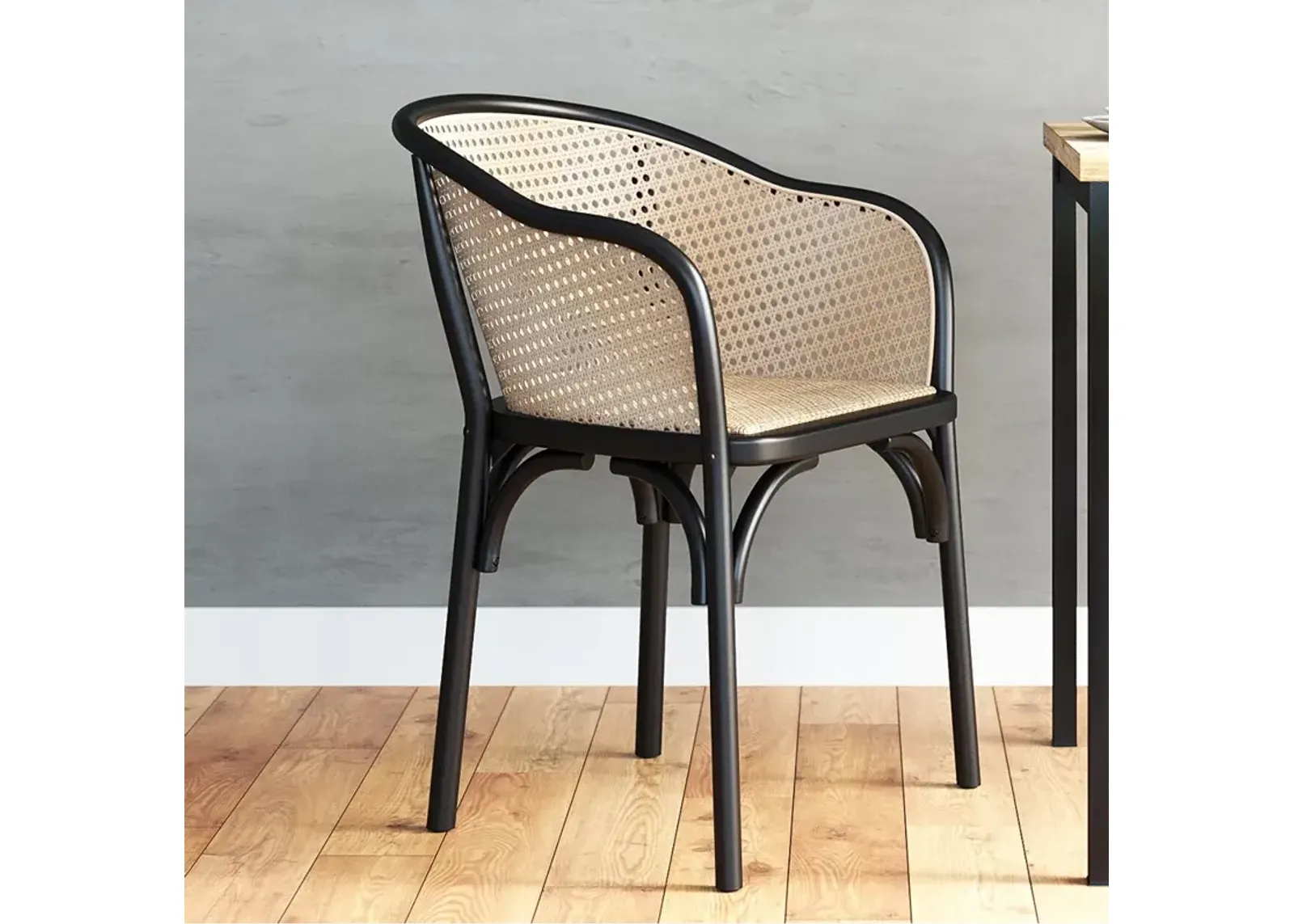 Elsy Black Wood and Natural Rattan Armchair