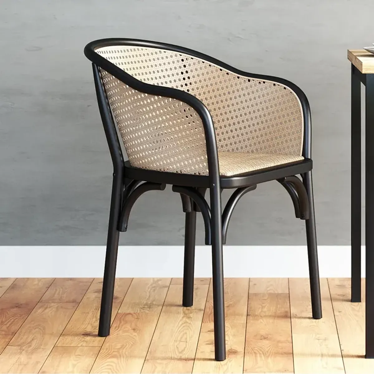 Elsy Black Wood and Natural Rattan Armchair