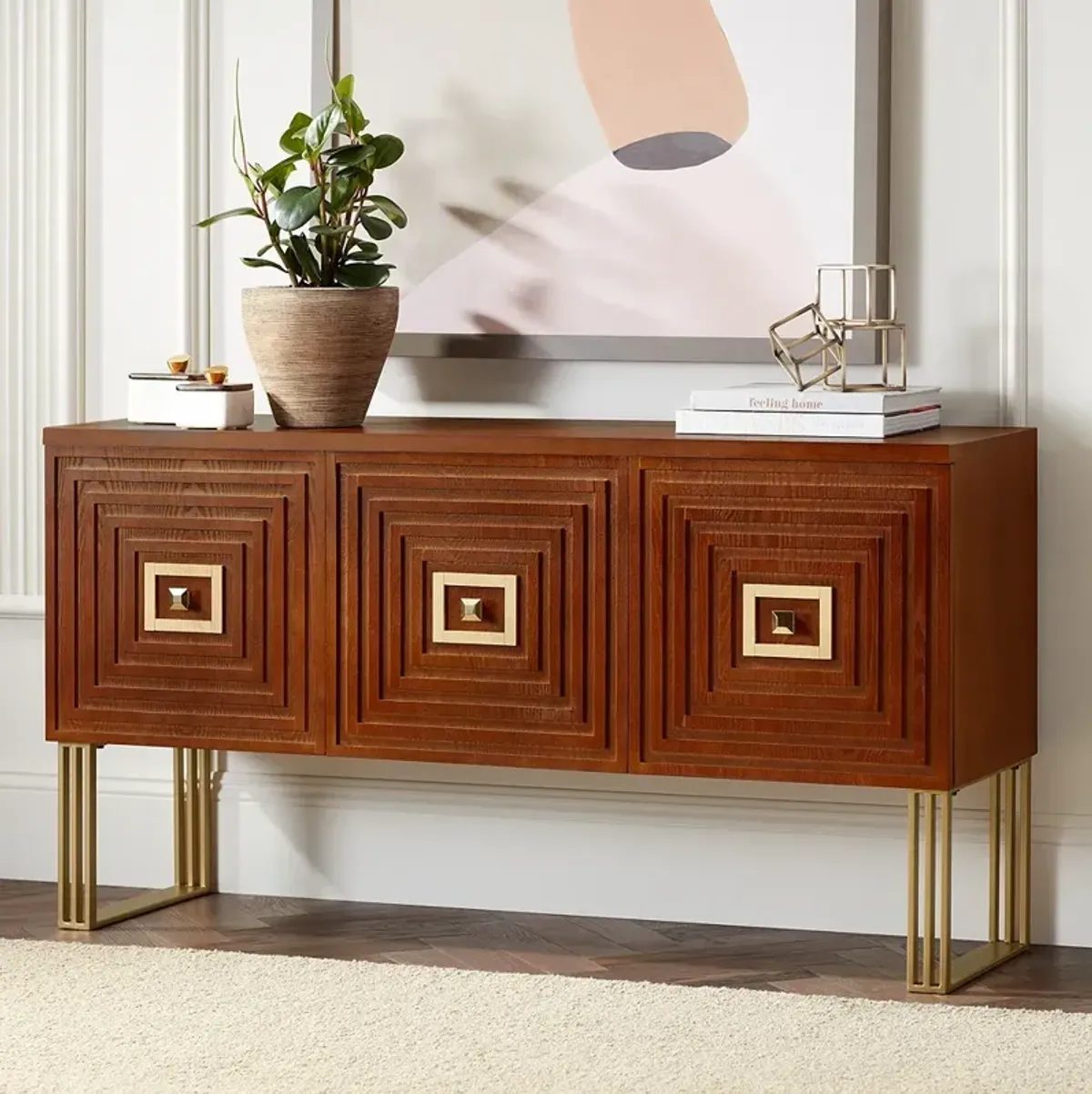 55 Downing Street Adair 59" Wide Mid-Century Cherry Wood 3-Door Buffet