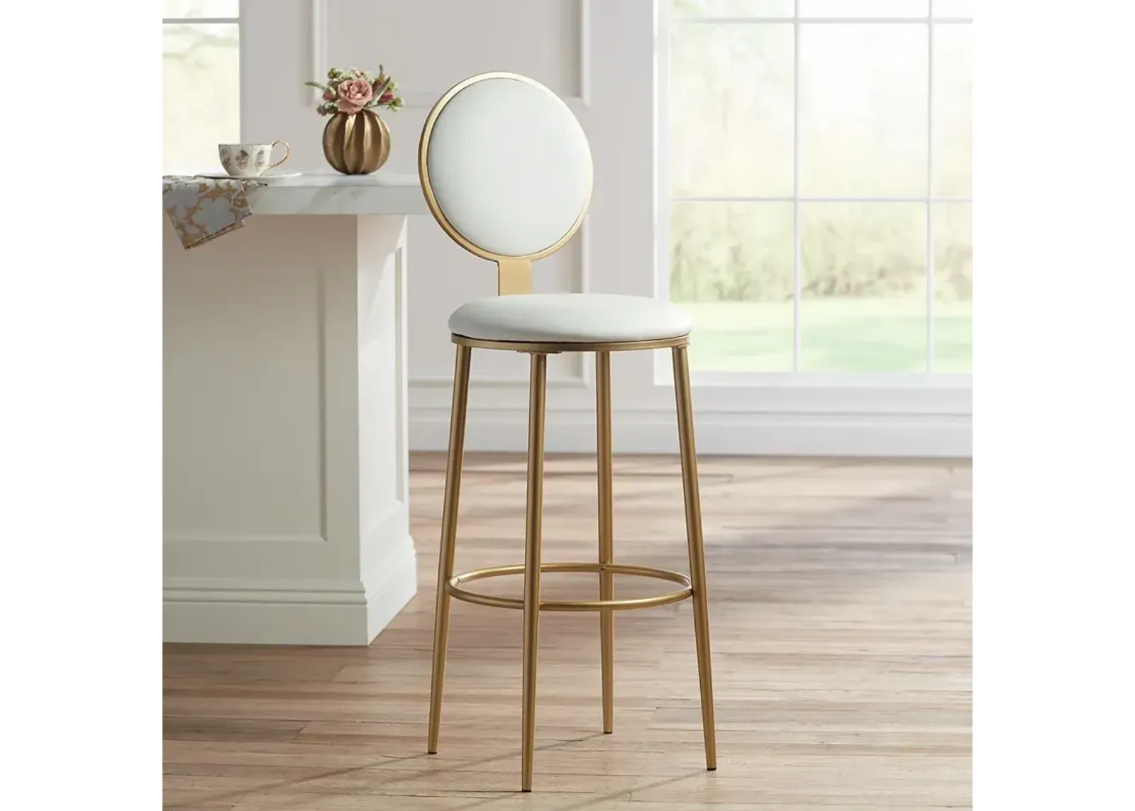 Calix 30 1/2" High Gold Metal and White Leather Barstool