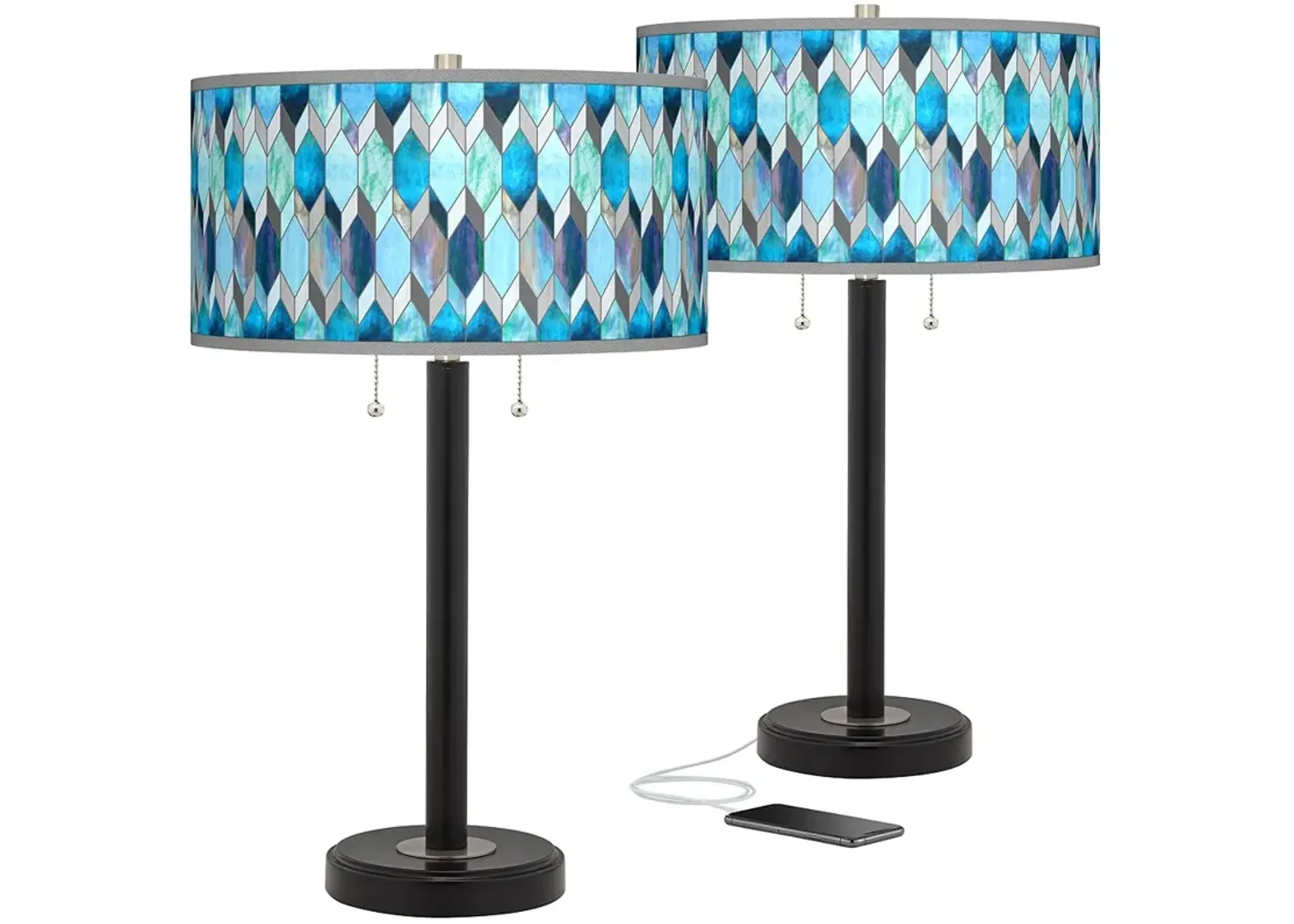 Giclee Glow Arturo 25" Blue Shade Black USB Table Lamps Set of 2