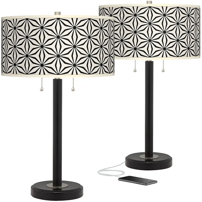 Kaleidoscope Flowers Arturo Black Bronze USB Table Lamps Set of 2