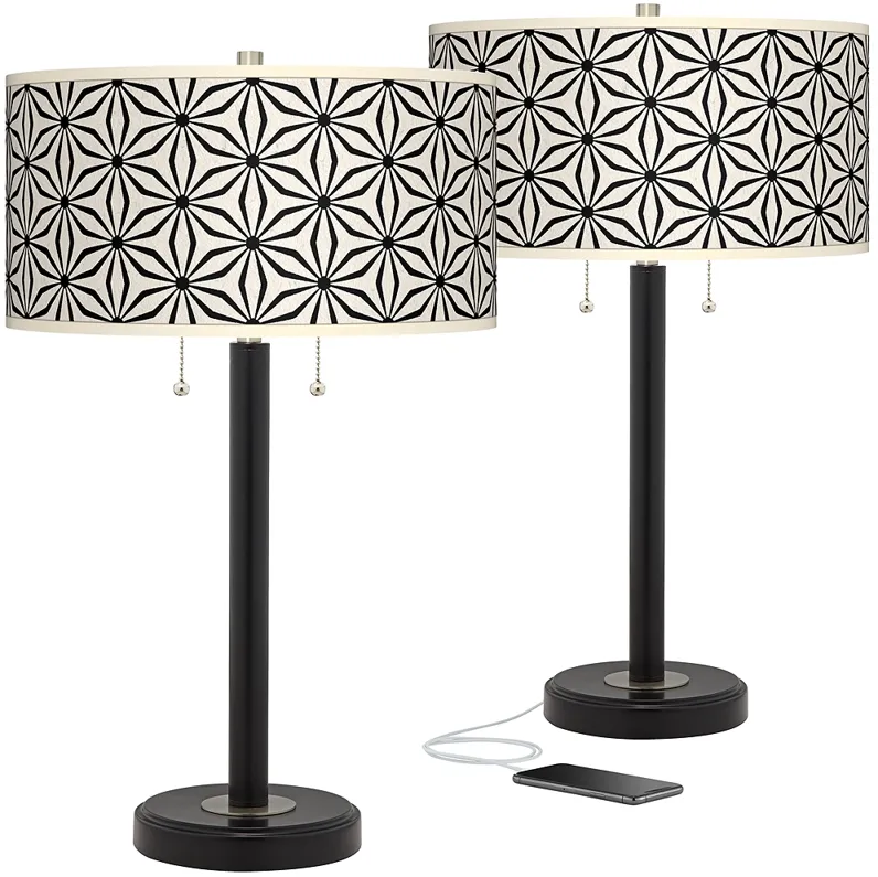 Kaleidoscope Flowers Arturo Black Bronze USB Table Lamps Set of 2