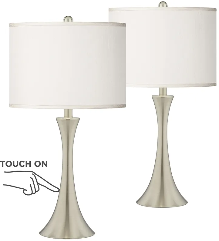 Possini Euro Cream Faux Silk Brushed Nickel Touch Table Lamps Set of 2