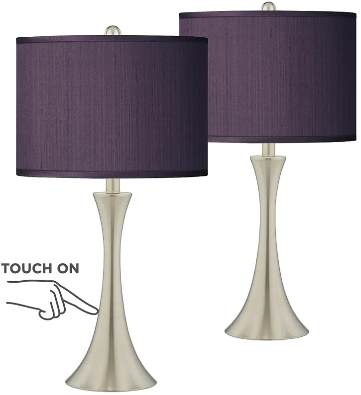Possini Euro Eggplant Faux Silk and Nickel Touch Table Lamps Set of 2