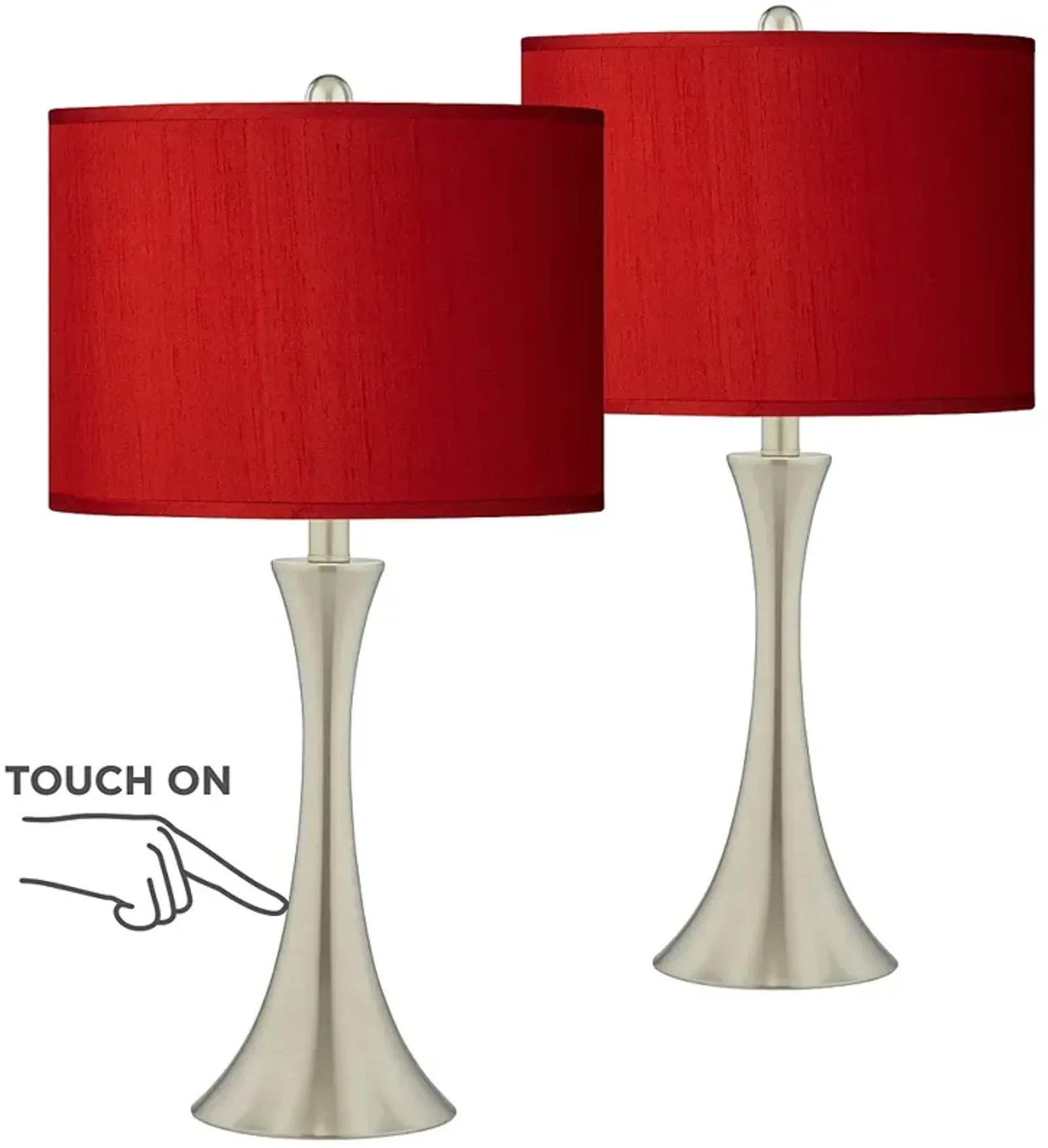 Possini Euro Red Faux Silk Brushed Nickel Touch Table Lamps Set of 2