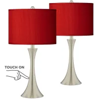 Possini Euro Red Faux Silk Brushed Nickel Touch Table Lamps Set of 2