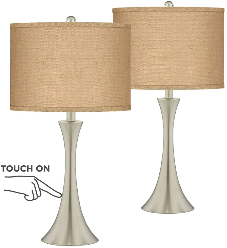 Possini Euro Burlap Shade Brushed Nickel Touch Table Lamps Set of 2