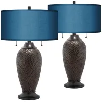 Franklin Iron Works 24 1/2" Hammered Lamps with Blue Shades Set of 2
