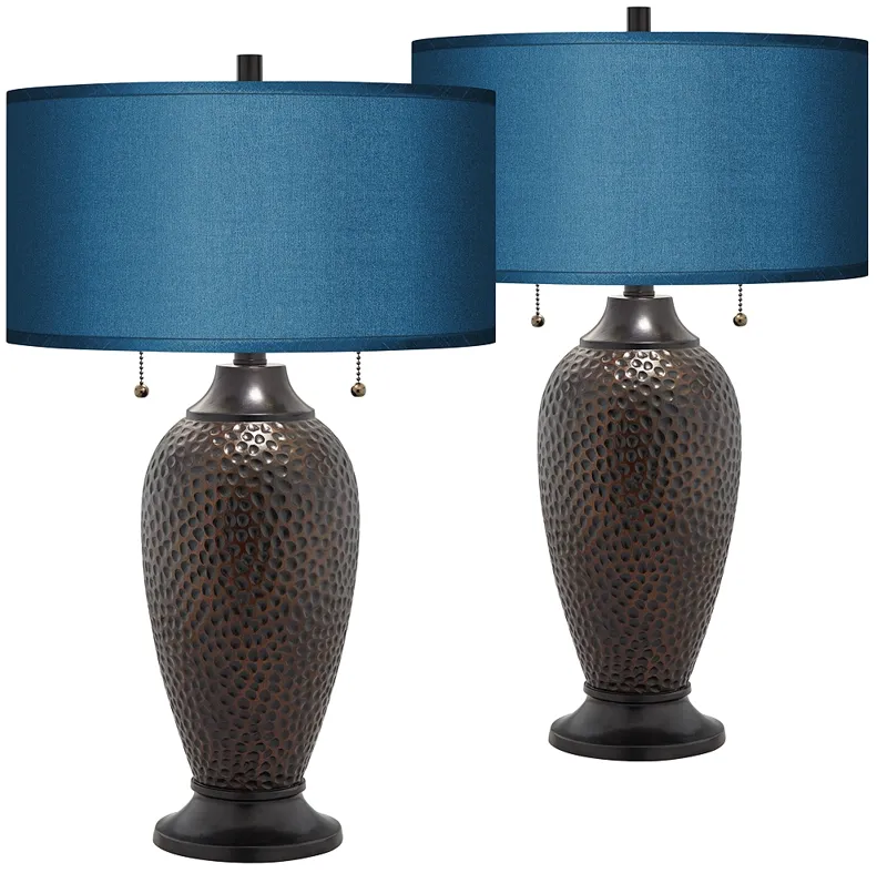 Franklin Iron Works 24 1/2" Hammered Lamps with Blue Shades Set of 2