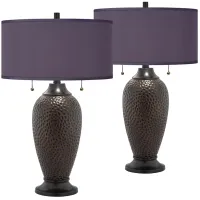 Franklin Iron Works Hammered Lamps with Eggplant Faux Silk Shades Set of 2