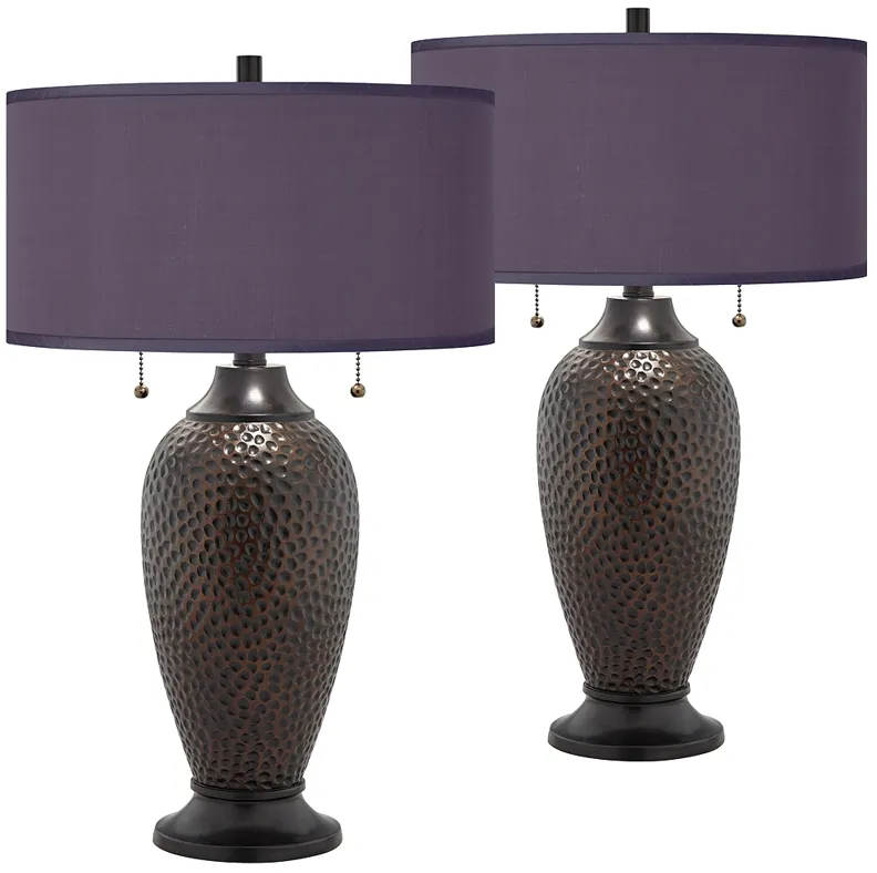 Franklin Iron Works Hammered Lamps with Eggplant Faux Silk Shades Set of 2