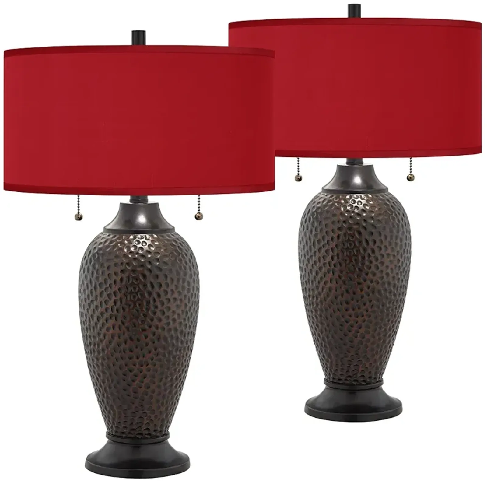 Franklin Iron Works Hammered Lamps with Red Faux Silk Shades Set of 2